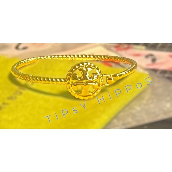 Tory Burch Gold Tone Logo Bracelet With Textured Band & Iconic Emblem - Picture 3 of 9